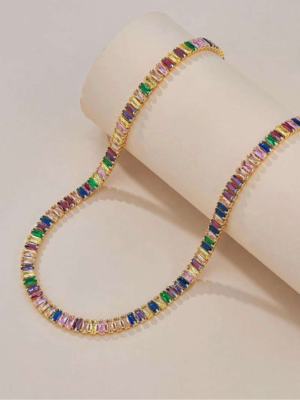 NEW 18K Gold Plated Multicolor Baguette Tennis Necklace